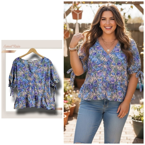 Sweet Rain Tops - 🌿Sweet Rain Women's 2XL Cotton Blue Purple Tan Puff Sleeve Floral Top